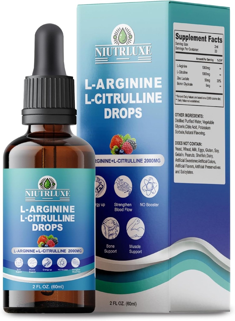 L-Arginina L-Citrulline cae líquido, L-Arginina para hombres con hierro y zinc, alta absorción L-Arginina L-Citrulline Suplementos, sublingual L-Arginina 1000 mg,Vegan, No GMO, 60ml