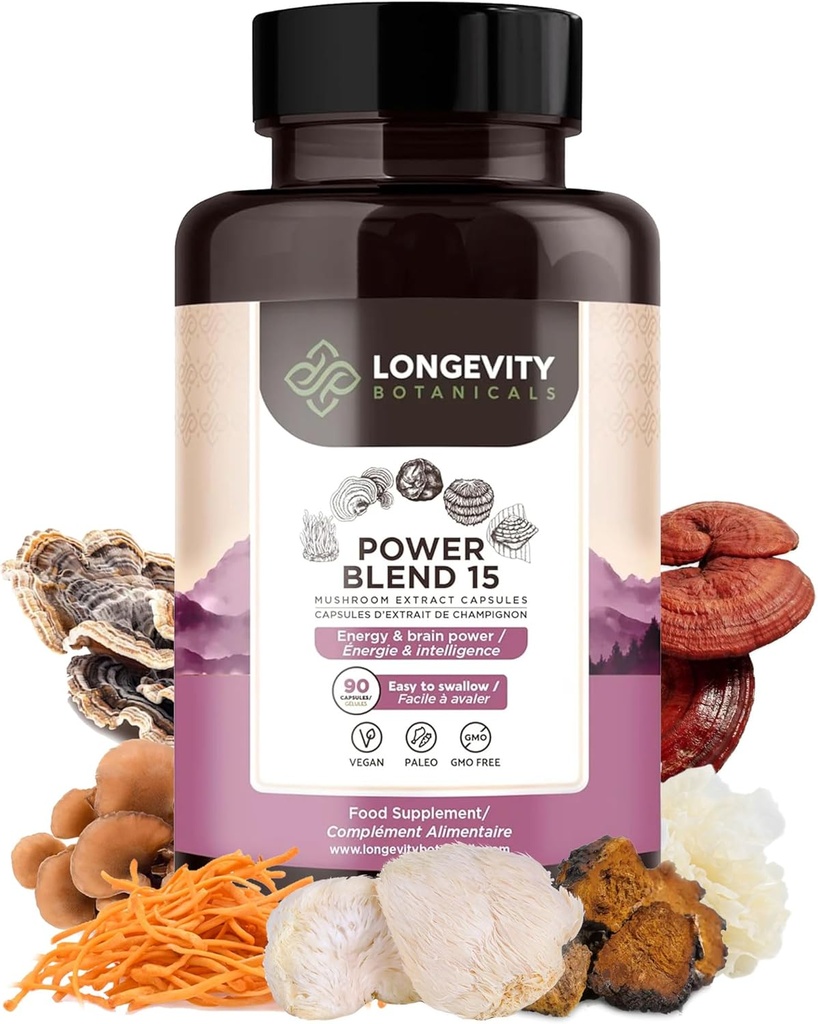 Potencia 15 Mushroom Blend Capsules Suplemento (90) Silencio High Strength Extract Complejo Silencio Con Lions Mane, Turquía Tail, Cordyceps, Reishi, Chaga & Tremella ← 20% Beta-D Glucans  durable Immunity &amp; Vitality Support