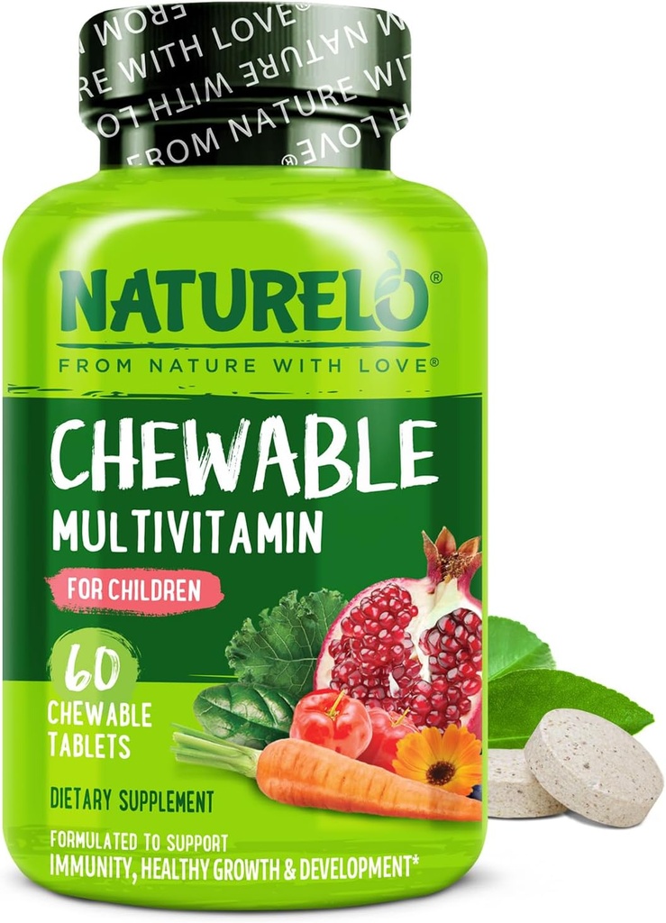 Vitamina Chewable NATURELO para niños multivitamínicos con alimentos completos orgánicos de frutas - 60 tabletas para niños