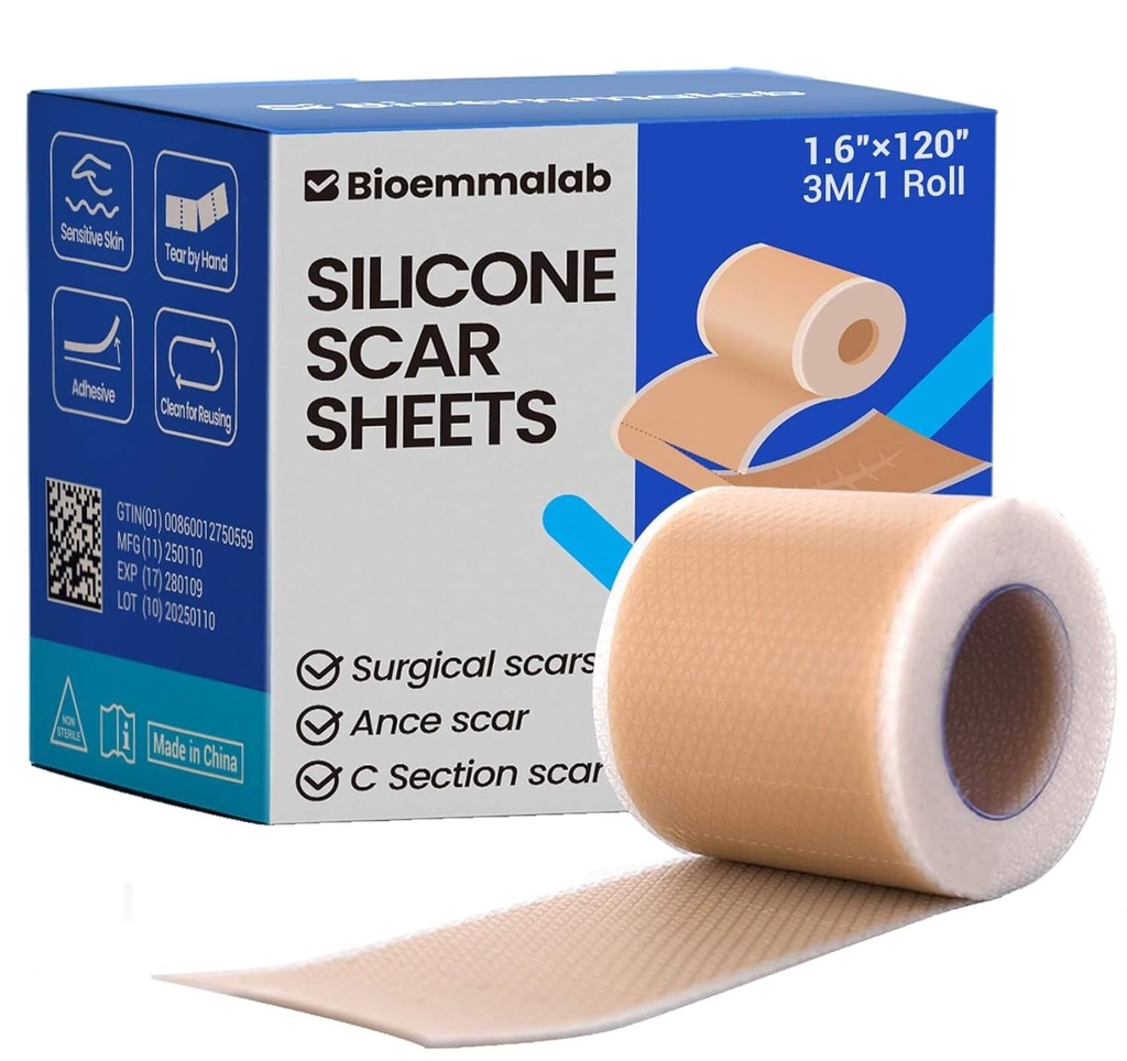 Sábanas de silicona Tapa quirúrgica (1.6 "x120" Rollo) Patches faciales Tratamiento de acné C Secciones Strips, Esquí-Sensitivo Médico Grado Curación de Bandages de Escamas Pads para Keloid, Stretch y Tummy Recuperación de Tuck