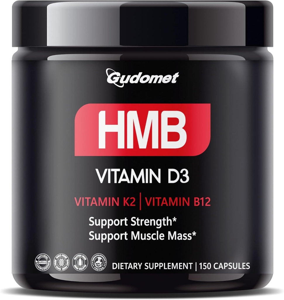 HMB con D3, K2 &amp; B12 – Suplemento de apoyo a la salud muscular – 150 cápsulas – Made in USA