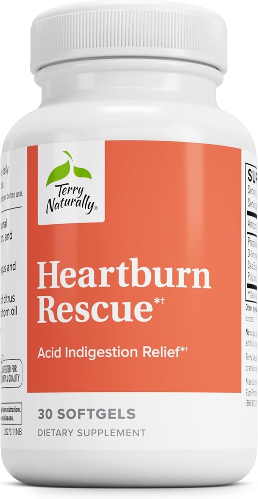 Terry Naturalmente Heartburn Rescue - Suplemento dietético de Ayuda Acid Indigestion Relief - Asistencia sanitaria digestiva con D-Limonene &amp; Sea Buckthorn - Ayudas Occasional Heartburn Relief - 30 Softgels