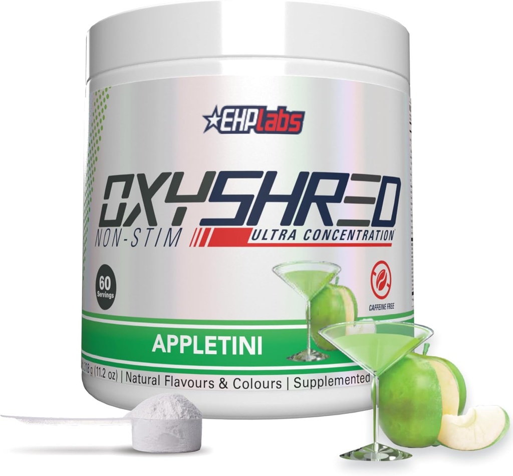 EHP Labs OxyShred Non Stimulant Pre Workout Powder - Stim Free Pre Workout, Caffeine Free Preworkout for Men & Women with L Glutamine & Acetyl L Carnitine - Apple, 60 Servings