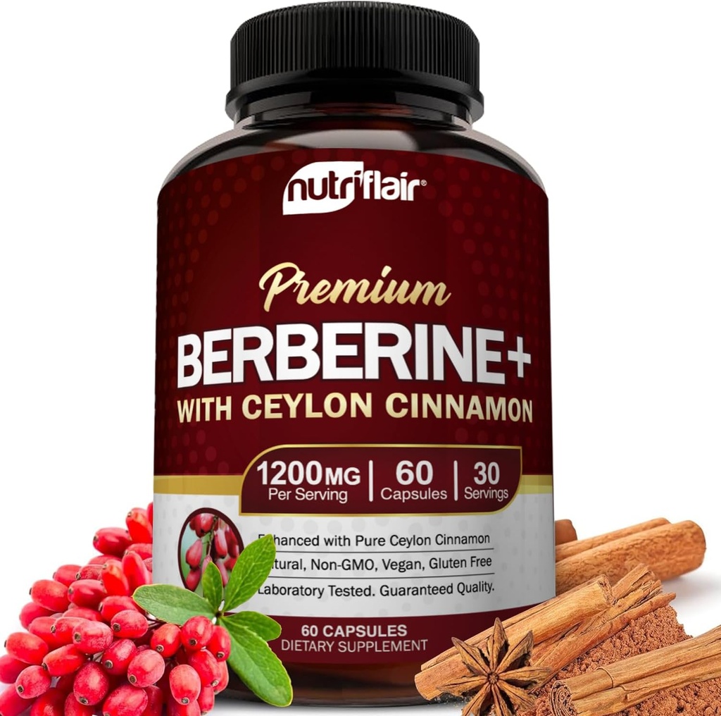 NutriFlair Premium Berberine HCL 1200mg, 60 Capsules - Plus Pure True Ceylon Cinnamon, Supplements Pills, Immune System Support