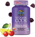 Vitaminas Gummy Prenatales Esenciales para Mujeres con Hierro: Folato, Biotina, D3 &amp; B12 + Probióticos para la Digestión, Código de Vitamina Multivitamínico, No GMO, Libre de gluten, 90 Gummies de Limonada de Cereza, Fuente de 30 Días
