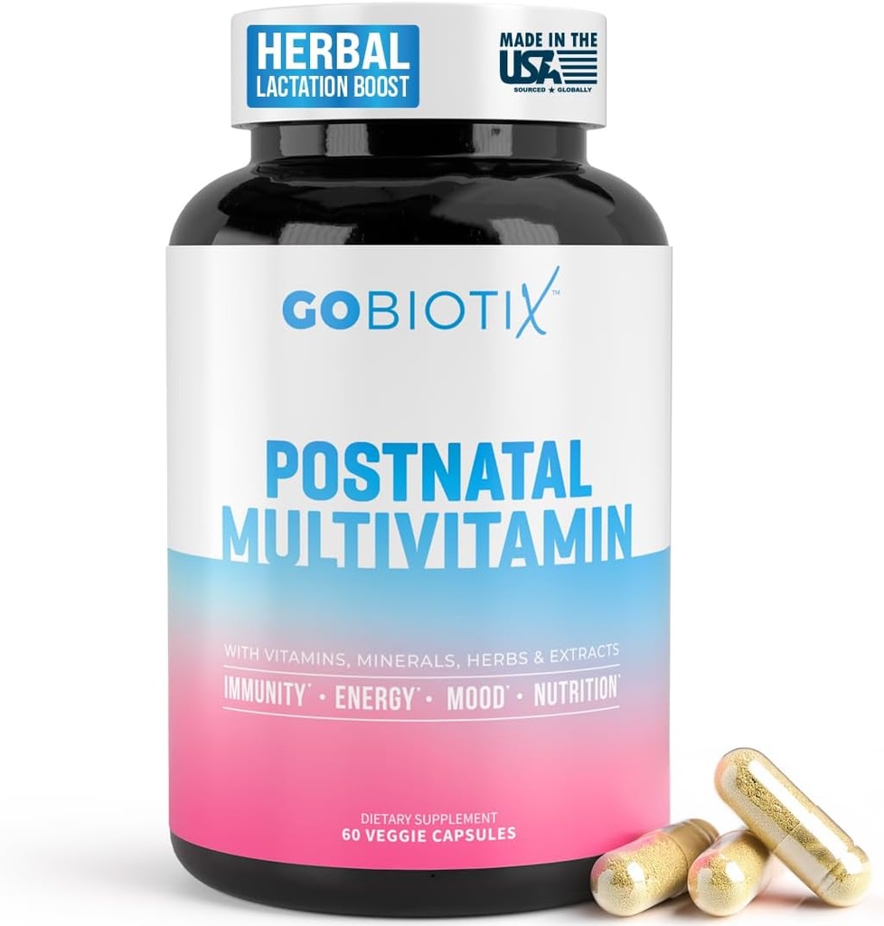 GOBIOTIX Vitaminas posparto para las madres lactantes - Suplemento posnatal de lactancia con hierbas orgánicas, minerales, nutrientes para las nuevas madres y bebé - Esenciales posparto, no GMO, Vegan, 60 caps