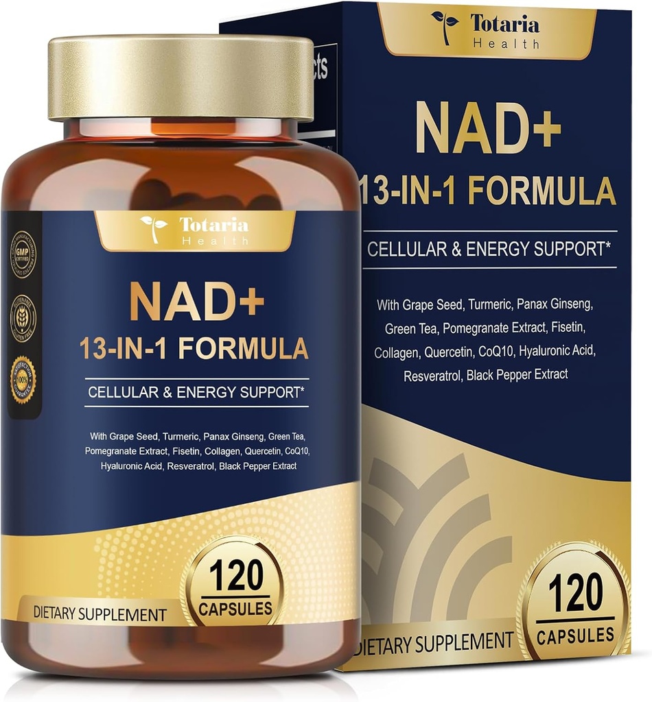 Totaria NAD Suplemento para Mujeres Hombres con resveratrol riboside nicotinamide,Quercetina, Betaine Boost NAD+ Niveles NAD Plus Suplemento para Anti envejecimiento, energía, inmune, Focus 120 cápsulas