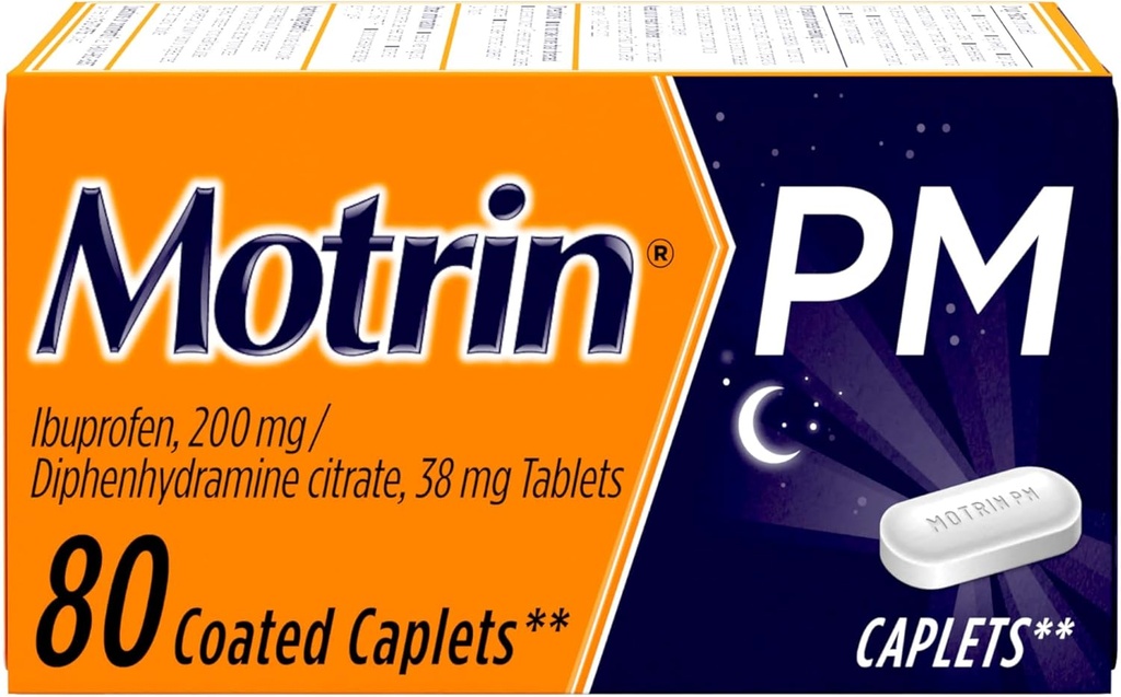 Motrin PM Caplets con 200 mg Ibuprofeno &amp; 38 mg Diphenhydramine Sleep Aid, Nighttime Pain Reliever for Minor Aches ' Pains, Bulk, 80 ct