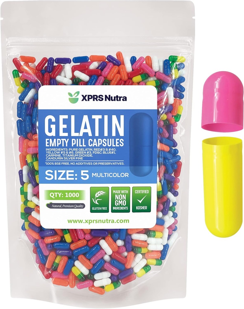 XPRS Nutra Size 5 Empty Capsules - 1000 Count Very Small Empty Gelatin Capsules - Pills DIY Capsule Filling - Fillable Pill Gel Caps for Do-It-youself Vitamin Supplements (Multi Color)