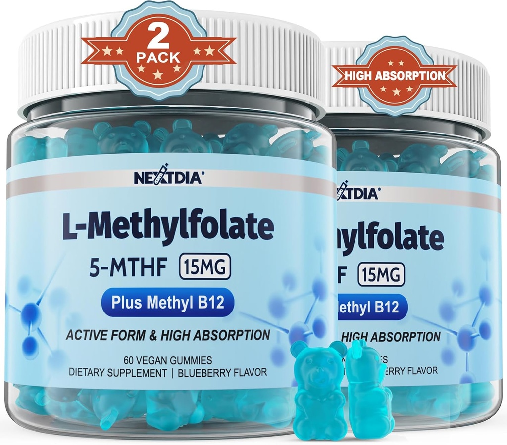 L-MetilFolate 15mg &amp; Methyl B12 Gummies, Methylated B1, B2, B6 Multivitamins - Active 5-MTHF & High Absorption - Supports MTHFR Gene, Cognition, Homocysteine Levels, Folate Metabolism, Vegan, 120 Cts