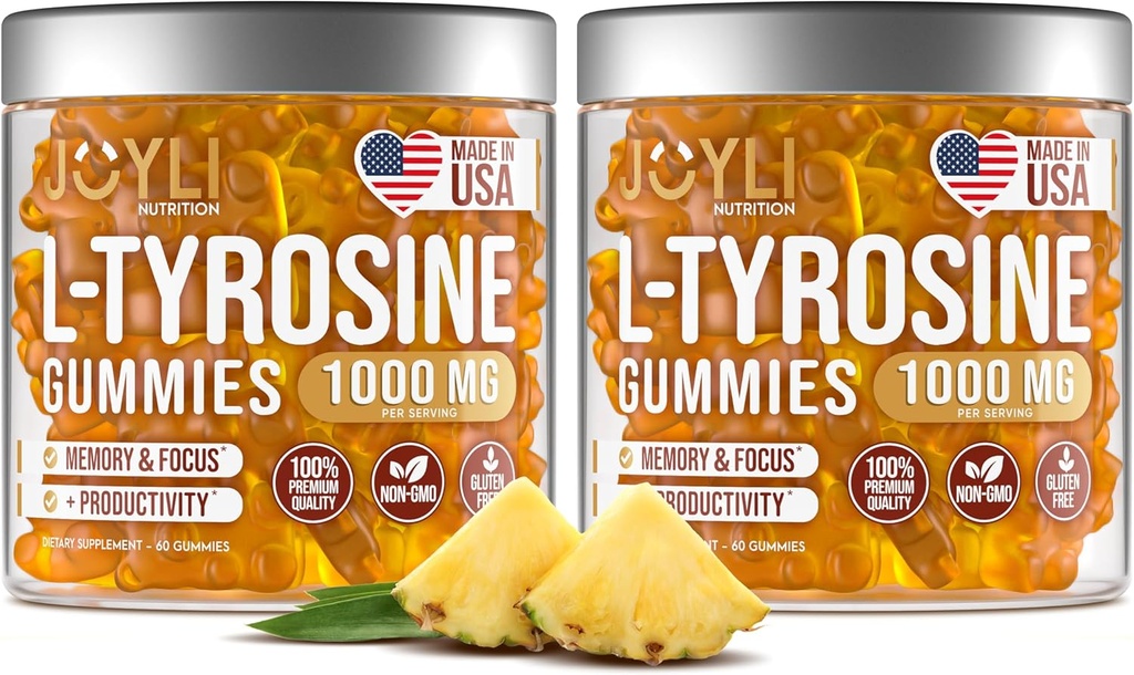 2 Pack - JOYLI L-Tyrosine Gummies 1000MG – Suplemento Vegan de enfoque libre de azúcar &amp; Mood Support for Kids &amp; Adults – 500mg Por Gummy – Sleep Gummies for Memory, Energy & Wellness – 60 Pcs per Pack
