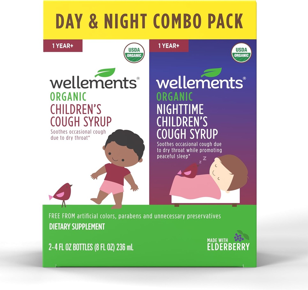 Wellements Organic Day &amp; Nighttime Children's Cough Combo Syrup ← Soothing Daytime &amp; Nighttime Cough Relief USDA Organic TEN Value Pack (2) 4 Fl Oz. Botellas, 1 Year+
