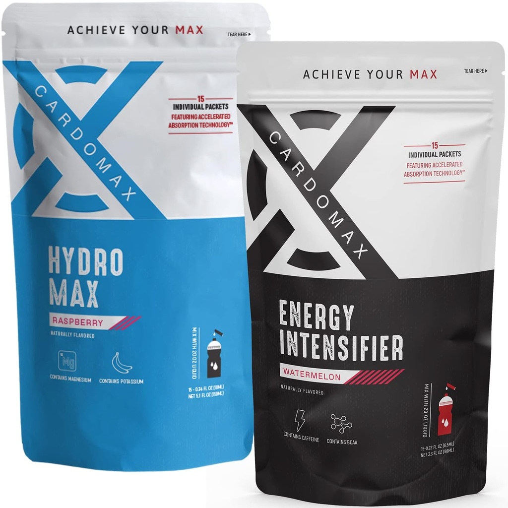 CardoMax - Intensificador de energía (Watermelon) & Hydromax Liquid Hydration (Raspberry) 30 Packet Bundle