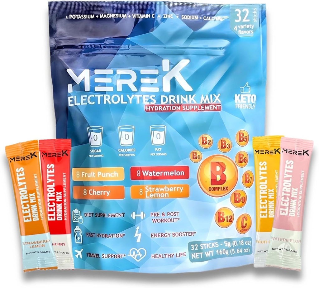 mereK Electrolyte Hydration Powder Supplements 32 Sachets Easy Open Single-Serving Perfect for Workout Essential for Daily Hydration Needs No Sugar, No Calories, Keto Friendly