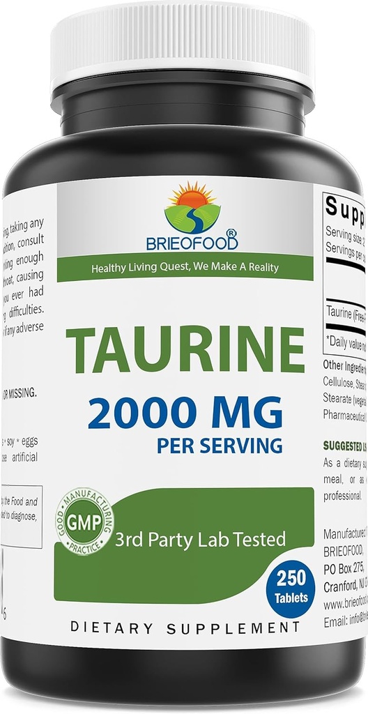 Brieofood Taurine 2000 mg por Serving- 250 Tabletas - 3er laboratorio de fiesta probado para la pureza & calidad
