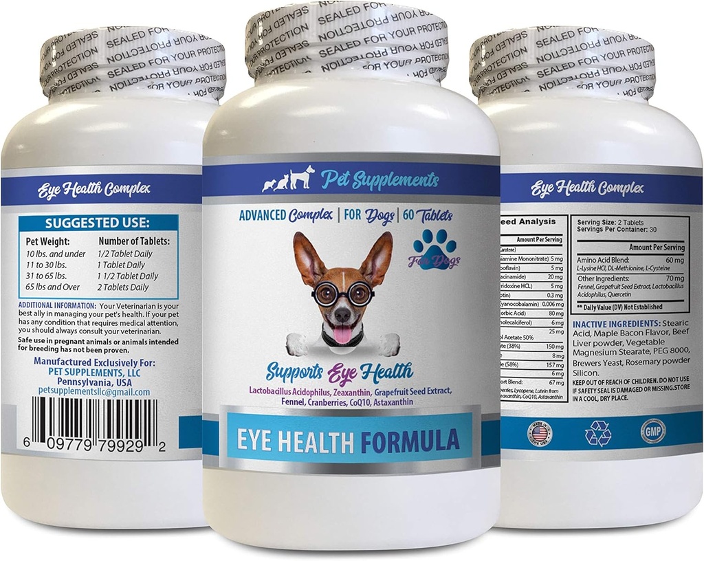 Cuidado de ojos para perros - Dogs Eye Health Formula - Advanced Eye Support Complex - VETS Recommended, Dog Cranberry, Eye Vision Supplement for Dogs, Supplement for Eye Care, Eye Support Vitamins 1Bot 60Tabs