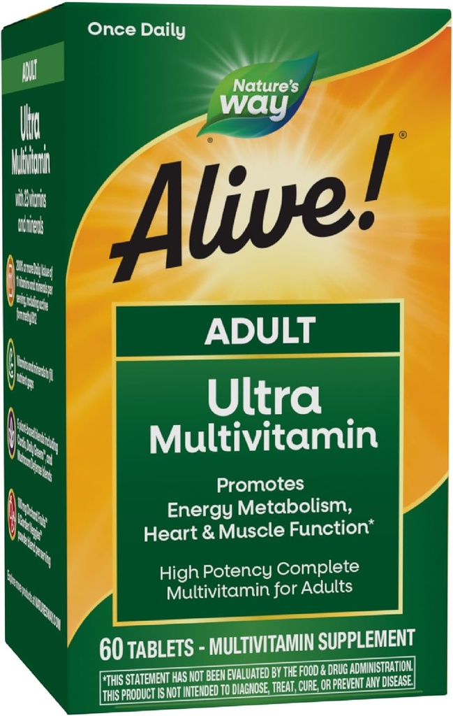 ¡La naturaleza está viva! Adulto Ultra Multivitamínico, Promueve Metabolismo Energético, Función del Corazón y el Musculo*, con B-Vitamins Incluyendo B12 Metilado, Gluten Free, 60 Tablets