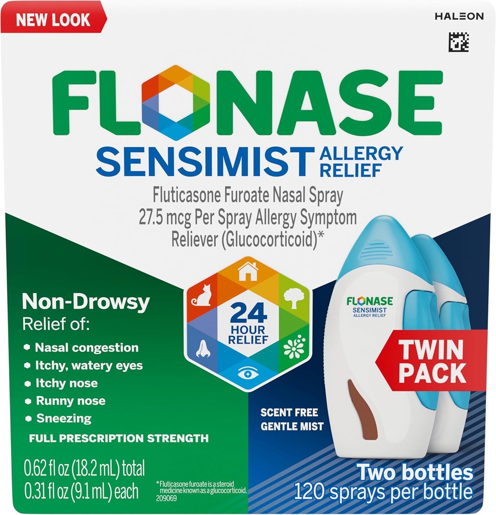 Flonase Sensimist Alergy Relief Nasal Spray for Non-Drowsy, 24-Hour Multi-Symptom Allergy Relief – 120 Sprays (Pack of 2)