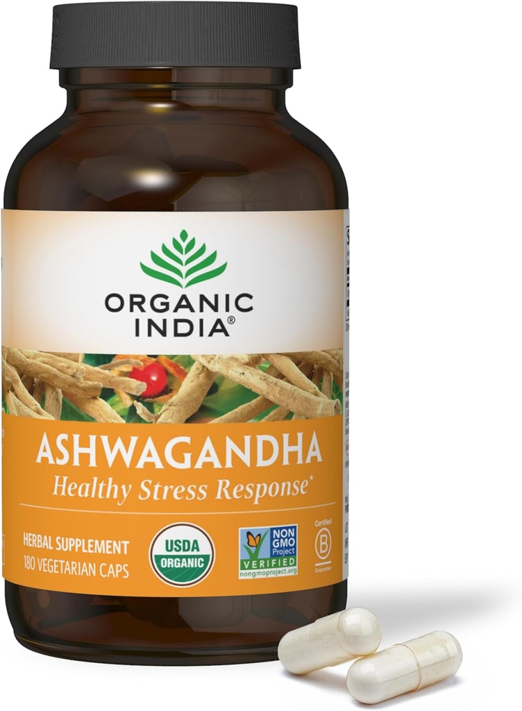 ORGANIC INDIA Cápsulas de Ashwagandha - Suplemento de Ashwagandha orgánica - Gorra de Ashwagandha Vegan, libre de gluten, Kosher, no GMO, soporta alivio de estrés, energía y sueño - 180 Cápsulas