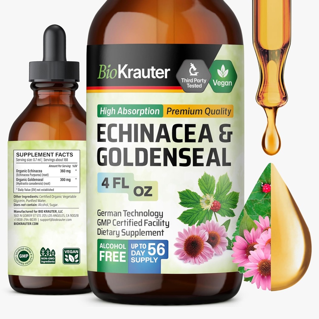 BIO KRAUTER Echinacea and Goldenseal Root Liquid Extract - Natural Immune Support - Echinacea Drops with Goldenseal - Vegan, Alcohol &amp; Sugar Free Tincture - 4 Fl.Oz.