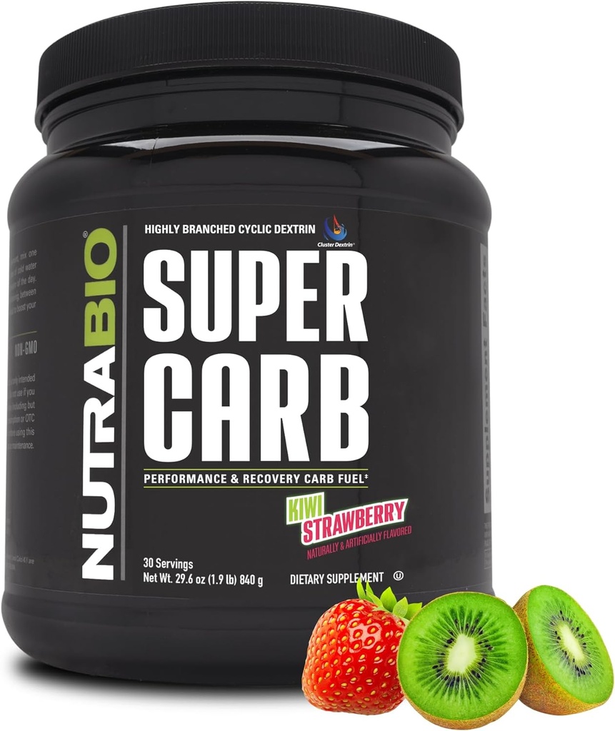 NutraBio Super Carb, Carbohydrate Powder con Dextrin de Cluster &amp; Electrolytes, Advanced Carb Supplement Powder for Workout Fuel, Performance y Muscle Recovery, Cyclic Dextrin, Kiwi Strawberry, 30 Sv