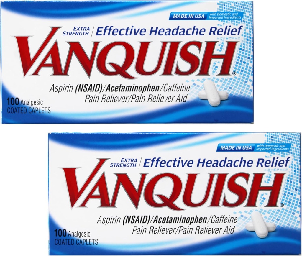 Vanquish Extra Strength Headache and Pain Relief, with Acetaminophen, Aspirin, and Caffeine ← Digital Eye Strain ← 100 Count, Pack of 2
