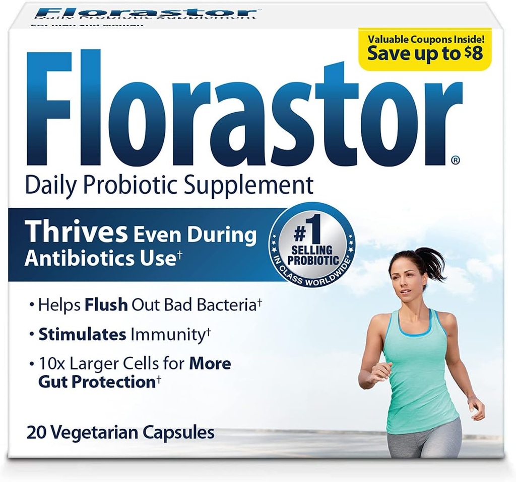 Probióticos Florastor para Salud Digestiva &amp; Inmuna, 20 cápsulas, Probióticos para Mujeres &amp; Hombres, La acción dual ayuda a eliminar las malas bacterias " aumenta el bien con nuestra variedad única Saccharomyces boulardii