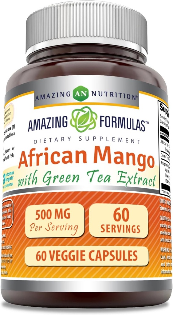 Amazing Formulas African Mango with Green Tea Extract Supplement TEN 500 Mg per Serving TENED 60 Veggie Capsules ← No Gluten-Free TEN Made in USA