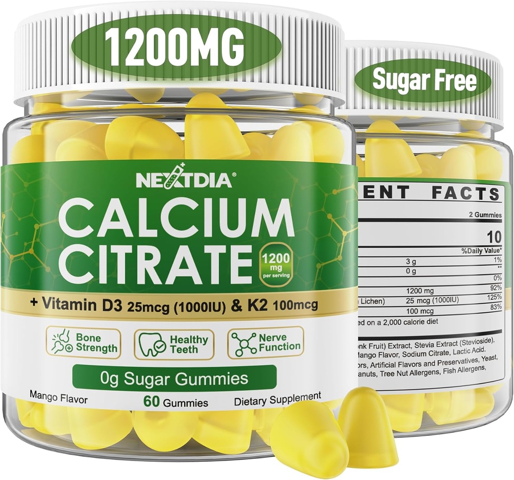 Calcium Citrate Gummies 1200mg con vitamina D3 K2, suplementos de calcio Chewable para hombres y mujeres, soporte de alta potencia B0ne, Te*th, Strength &amp; Immune Health, Mango Flavor, Non-GMO, Sugar Free, 120 Cts