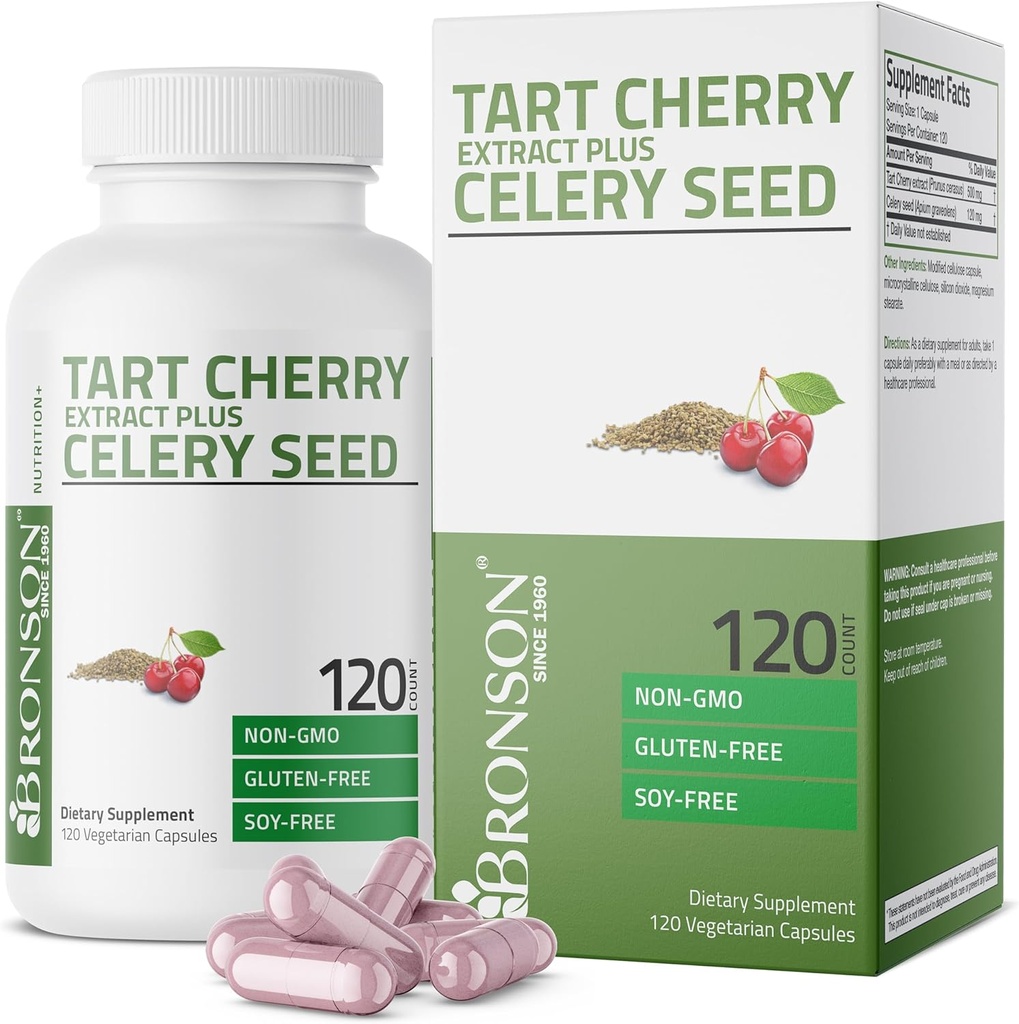 Bronson Tart Cherry Extract + Celery Seed Capsules - Powerful Uric Acid Cleanse, Joint Mobility Support &amp; Muscle Recovery Supplement - Non GMO Formula, 120 Vegetarian Capsules