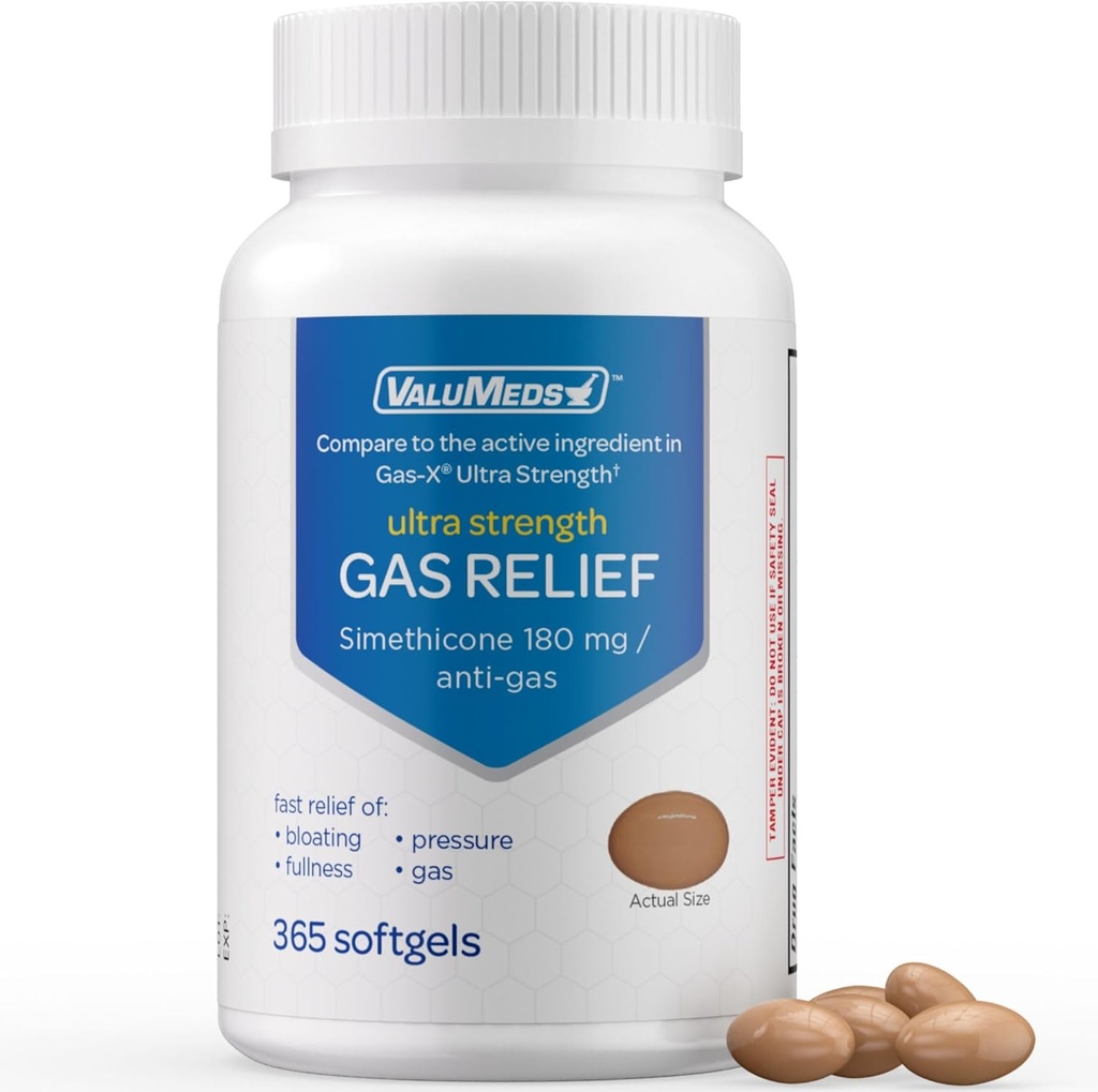 ValuMeds Gas Relief for Adults Simethicone tóxico Relieve Bloating, Pain, Discomfort, and Irregularity ¦ Compare to Active Ingredient in PHAZYME and Gas-X (365 Cuenta - 180 mg)