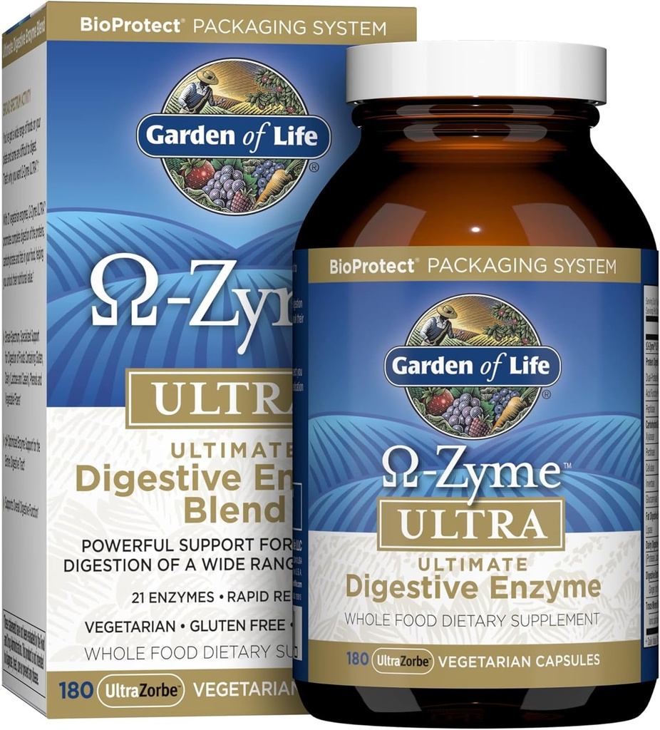 Jardín de la Vida 21 Potentes Enzimas Digestivas con Papain, Bromelain, Lipase, Ginger, Turmérica para la Digestión Completa de Proteína, Carbs & Fats – Omega-Zyme ULTRA, Libre de gluten, Vegetariano, 180 cápsulas
