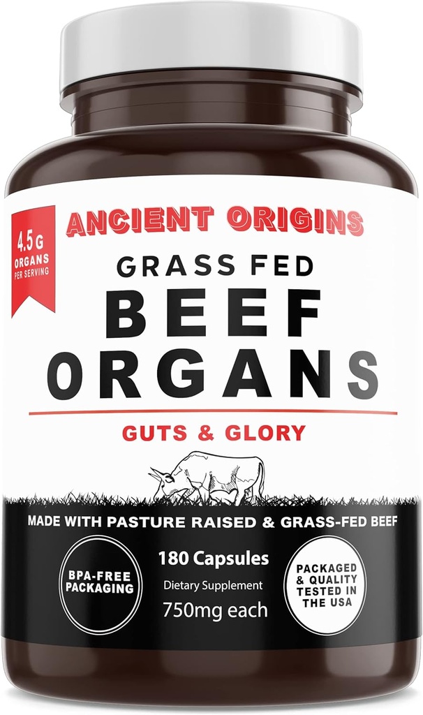 Grass Fed Beef Organs Supplement 4500mg - Desiccated Liver, Bone Marrow, Heart, Spleen, Pancreas & Kidney, Non-GMO, Gluten Free, Undefatted by Ancient Origins (180 Capsules, 750mg Each)