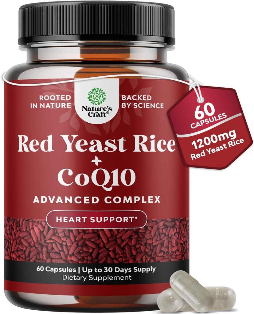 Rice de levadura roja con suplemento CoQ10 - Avanzado Corazón saludable &amp; Niveles de colesterol saludables Fórmula para hombres &amp; mujeres - Cápsula de fuerza extra con arroz de levadura roja 1200 mg Cápsulas con CoQ10-60 Conde