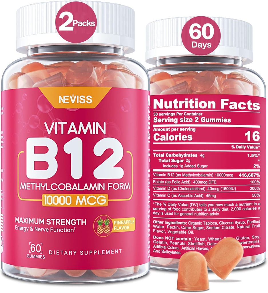 NEVISS Vitamina B12 10000 mcg (Metil B12) Gummies with Vitamin D3, B9 Vitamin Folate, Vitamina C, for Energy Boost &amp; Metabolism, Nervous System, Strong Bone, Immune Support, Low Sugar, 120 Count