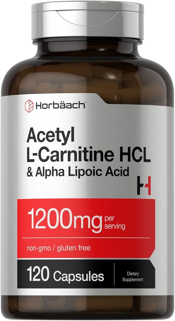 Horbäach Acetyl L Carnitine HCL & Alpha Lipoic Acid 1200mg  120 Capsules ← ALC ALA Complex ← Non-GMO &amp; Gluten Free Supplement
