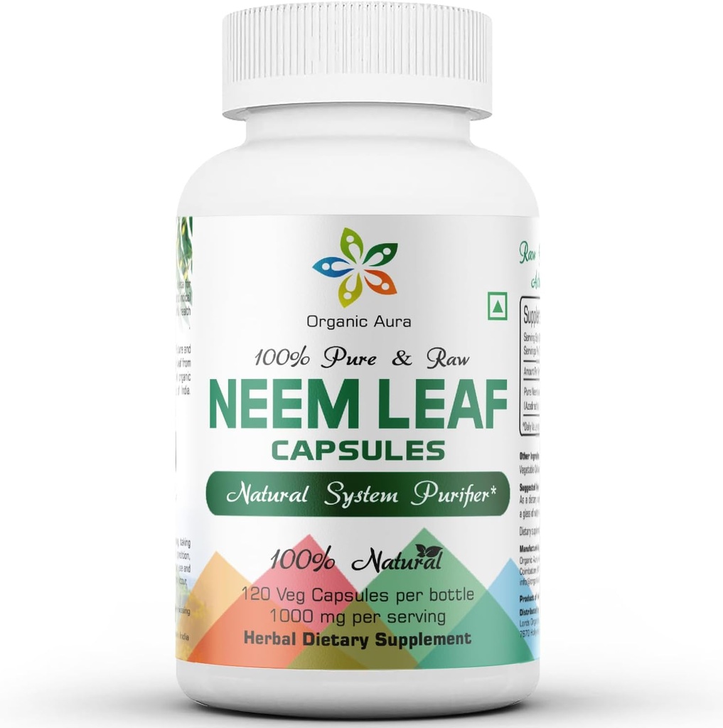 Organic Aura Neem Capsules. 100% Puro y Potente. Raw Green Whole Superfood. Hecho con hojas enteras de neem. Agente de desintoxicación del milagro.