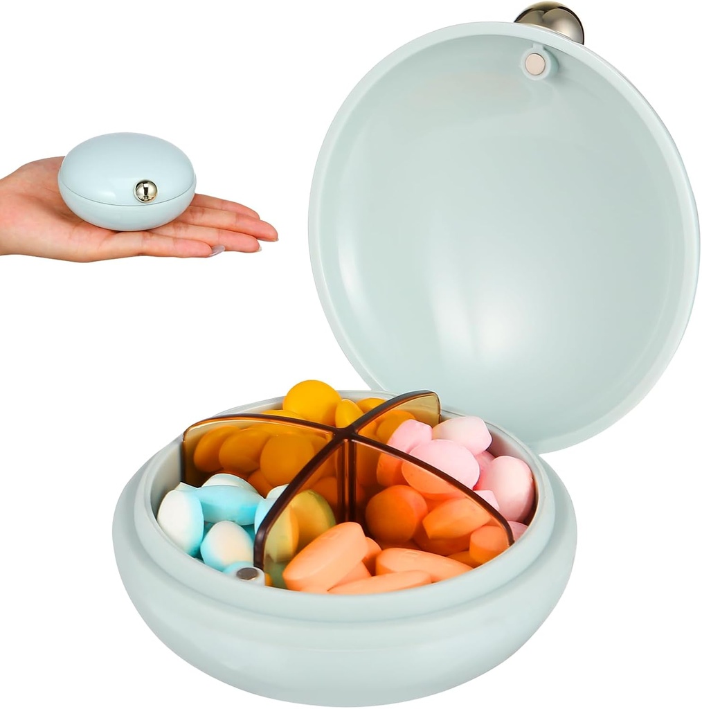 iplusmile Pill Organizer 4 Times A Day, Cute Round Travel Containers, Portable Removable Compartments Pill Box Dispenser for Women Workplace Vacation Daily Vitamins Carrier (Blue)