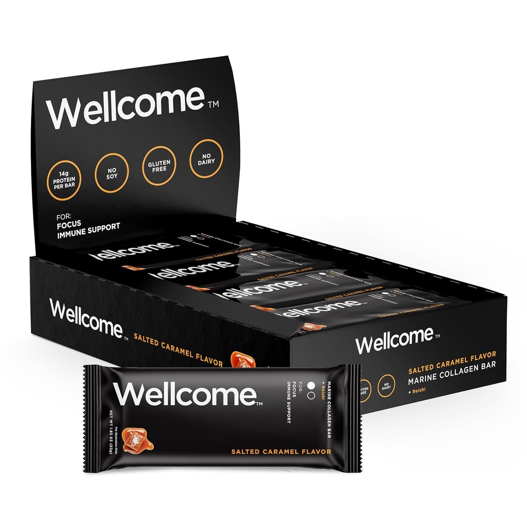 Wellcome Salted Caramel Marine Collagen Protein Bar con Reishi Mushroom For Energy and Immune Support - Adaptogenic Snack Bar - Dairy Free Health Bar for Functional Active Lifestyle (Pack of 12)