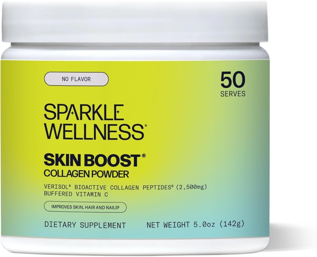 Sparkle Wellness VERISOL Bioactive Hydrolyzed Collagen Peptides  Collagen Powder Suplemento con Vitamina C para la piel, Hair &amp; Nail Health ← Skin Boost (No Flavor) [50-Serves]