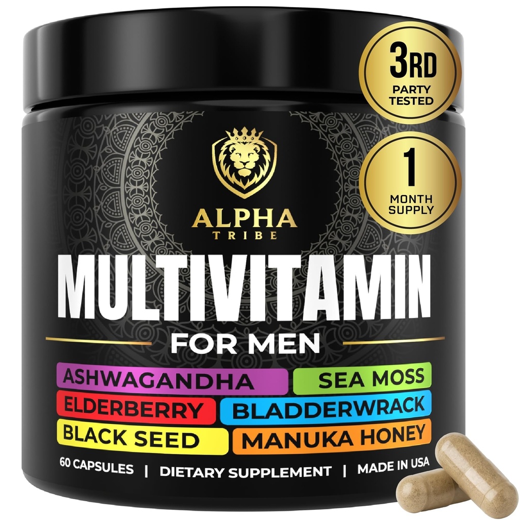 Alfa Tribe Multivitamínico para Hombres con Seamoss Black Seed Oil Ashwagandha Burdock Root, Turmeric Bladderwrack, Vitamina C, Elderberry, Manuka, Yellow Dock ← Daily Men's Vitamins and Minerals Supplement