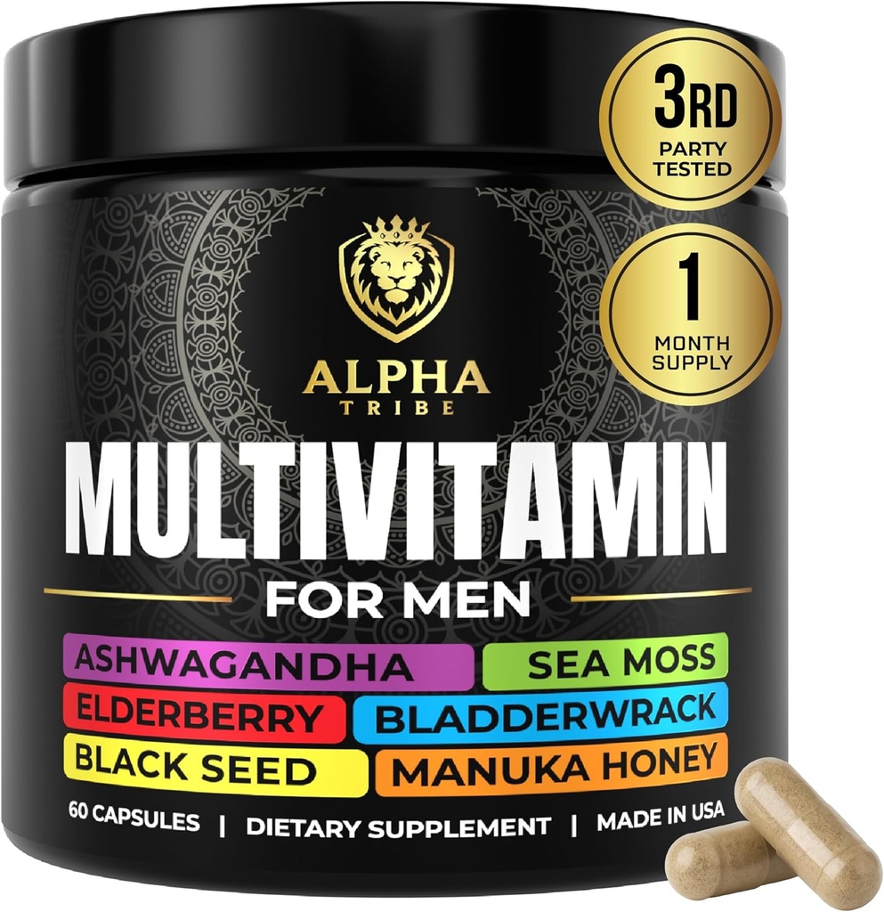 Alfa Tribe Multivitamínico para Hombres con Seamoss Black Seed Oil Ashwagandha Burdock Root, Turmeric Bladderwrack, Vitamina C, Elderberry, Manuka, Yellow Dock ← Daily Men's Vitamins and Minerals Supplement