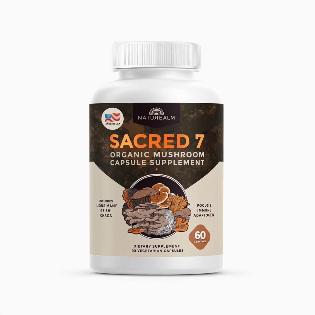 Naturealm Sagrado 7 cápsulas de extracción de setas orgánicas - Premium 7 suplemento de seta con leones Mane, Reishi, Chaga - USDA apoyo ecológico de inmunológico " Focus - 90 cápsulas vegetarianas