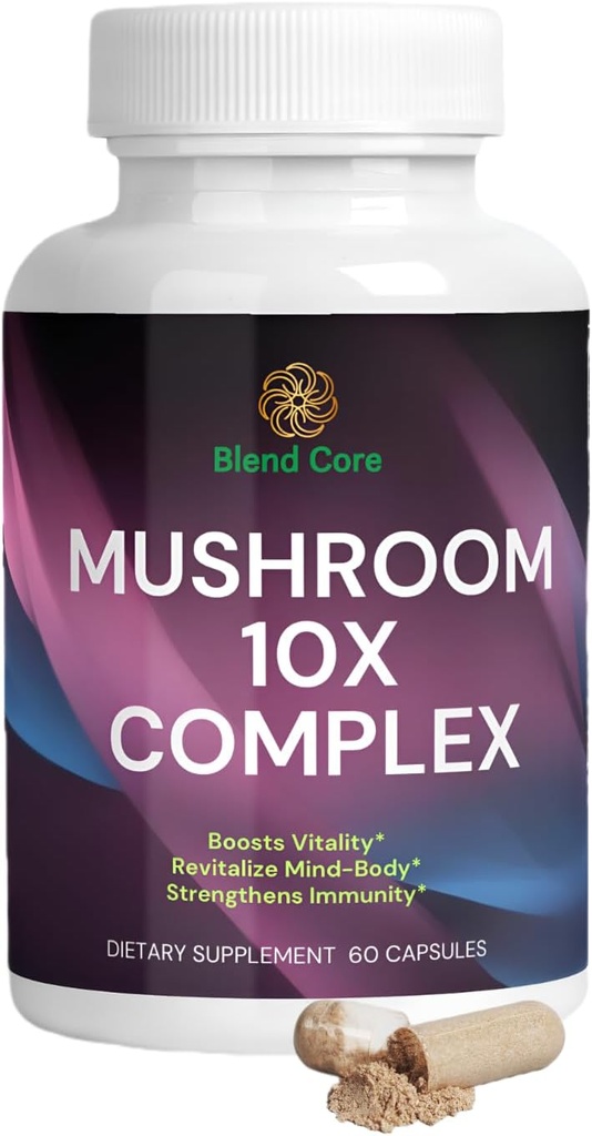 Mushroom 10X Complejo - Lions Mane, Reishi y Cordyceps - Suplemento de Energía Natural &amp; Stress Relief - Immune Boost - Focus &amp; Memory - Natural &amp; Non-GMO