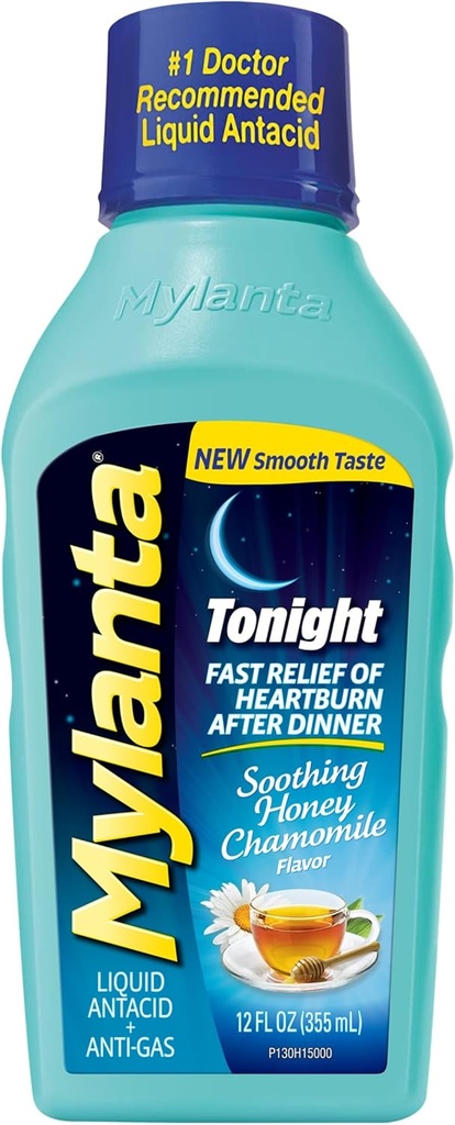 Mylanta Heartburn y Gas Relief, Liquid Antacid, Esta noche Fórmula, Honey Chamomile Flavor, 12 Fl Oz