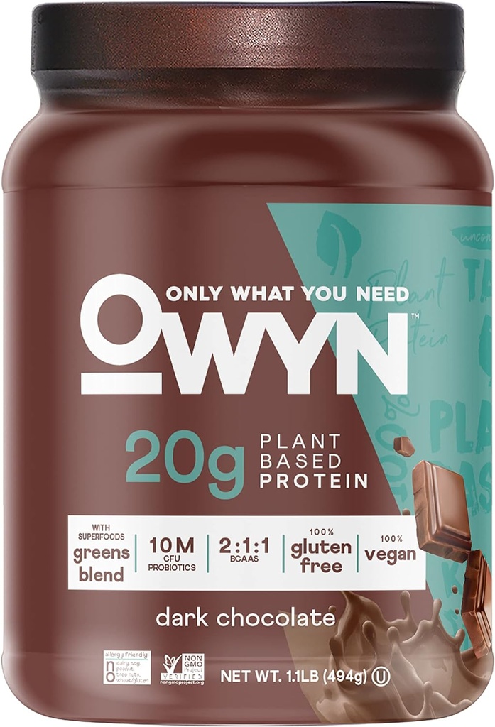 OWYN Sólo lo que necesitas Polvo de proteínas de base vegetal, Chocolate oscuro, 1.17 libras