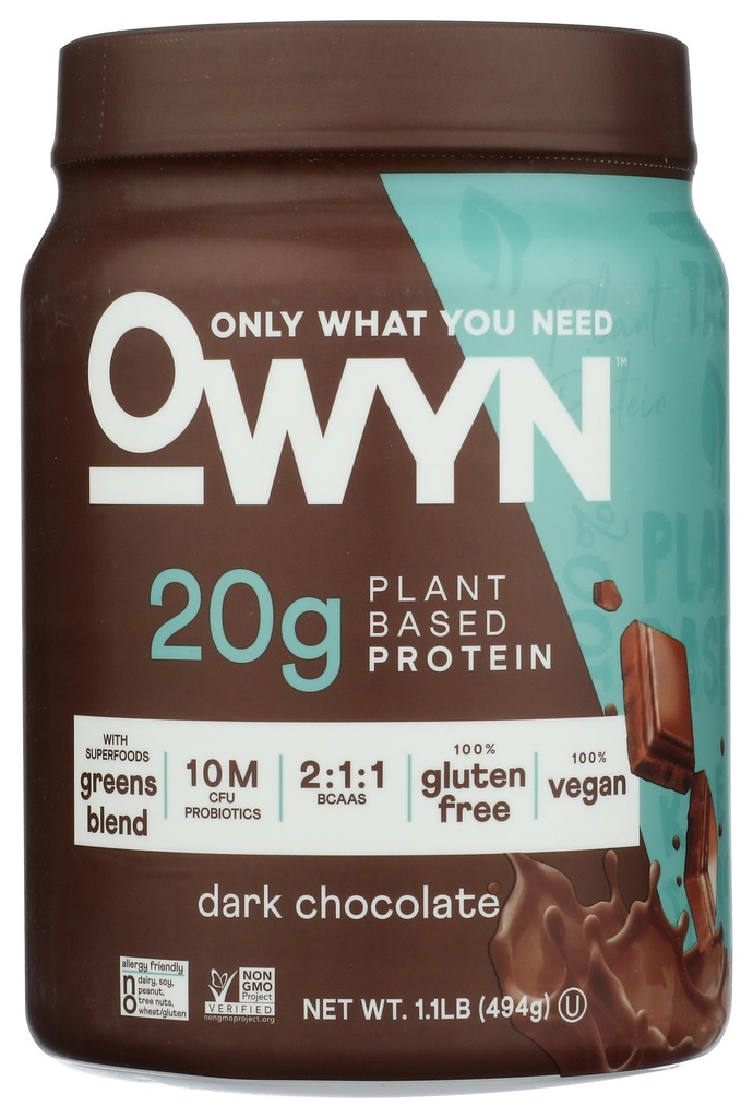 OWYN Sólo lo que necesitas Polvo de proteínas de base vegetal, Chocolate oscuro, 1.17 libras