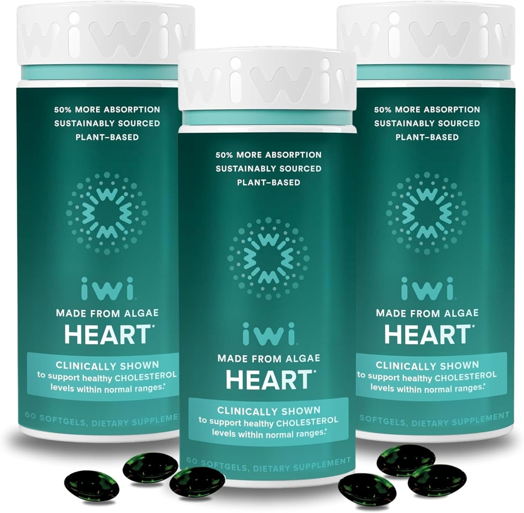 Iwi Life Heart Omega-3, 180 Softgels (90 Servings), Vegan Plant-Based Algae Omega Fatty Acids + EPA, Heart Health Support Suplemento dietético, Krill " Fish Oil Alternative, No Fishy Aftertaste