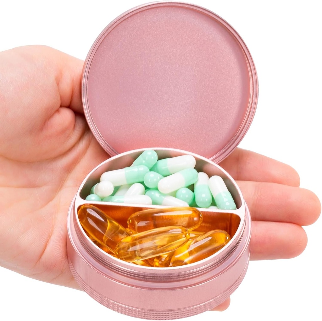Metal Pill Case 2 Compartment - Caja de Píldora impermeable para viajes diarios, Pocket Purse Pill Container Holder Medicina compacta Organizador para vitaminas Aceites de pescado Medicación