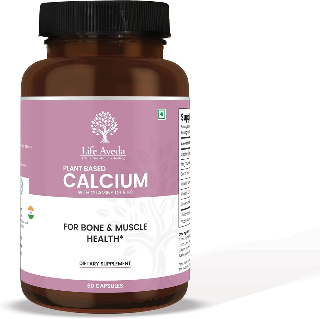 Life Aveda Suplemento de calcio basado en plantas con vitamina D3, K2 y Magnesio TEN 500mg ANTE Bone Strength, Joint Health, Teeth &amp; Muscle Function ← 60 Veg Capsules ANTE 3X Calcium Absorption for Men &amp; Women